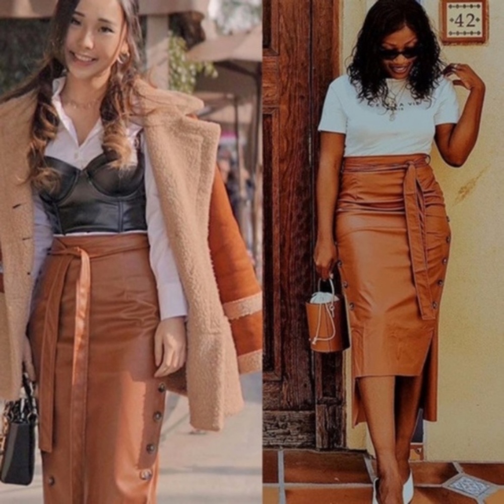 Camel Button Vegan Leather Midi Skirt - Picture 3 of 4